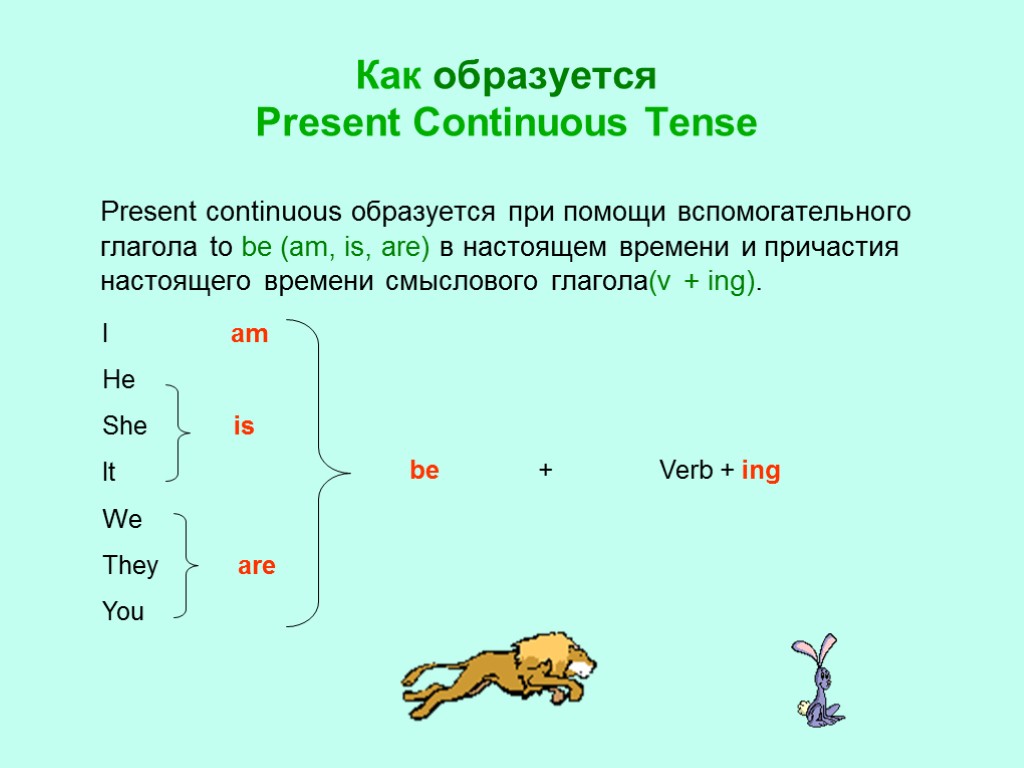 Как образуется Present Continuous Tense Present continuous образуется при помощи вспомогательного глагола to be